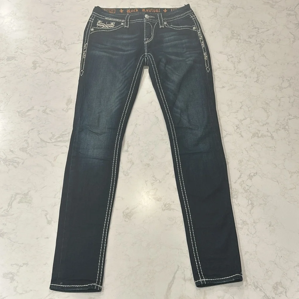 Rock Revival Karla Skinny Jean 27 Embellished Bling Low Rise Dark Wash - Picture 16 of 16